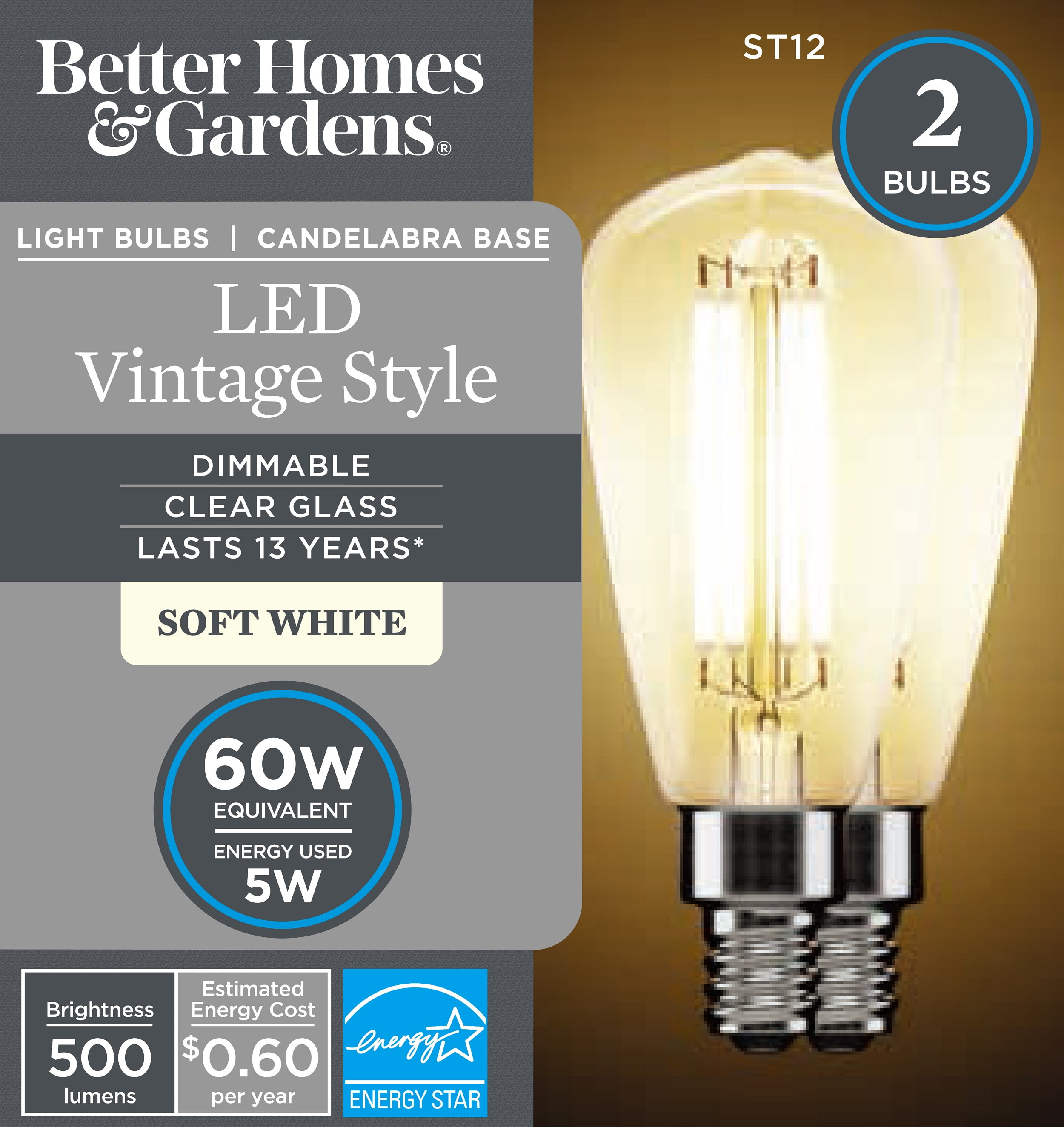 BHG LED Bulb, 5-Watt (60W ST12 Vintage Style, E12 Candelabra Base, 2-Pack - Walmart.com