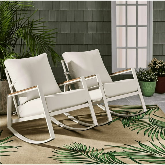Better Homes & Gardens Marlow Outdoor 2pk Patio Rocking Chairs, White Frame/Cream Cushion
