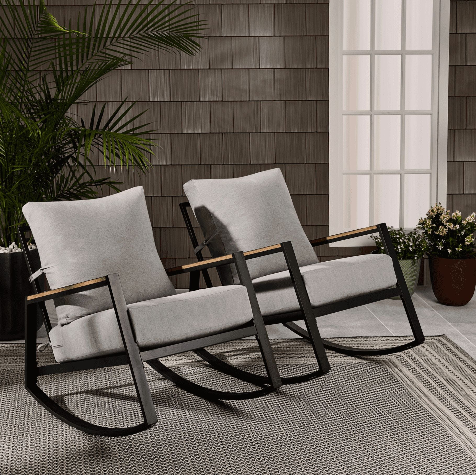 Better Homes & Gardens Marlow Outdoor 2pk Patio Rocking Chairs, Black Frame/Gray Cushion