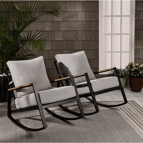 Better Homes & Gardens Marlow Outdoor 2pk Patio Rocking Chairs, Black Frame/Gray Cushion