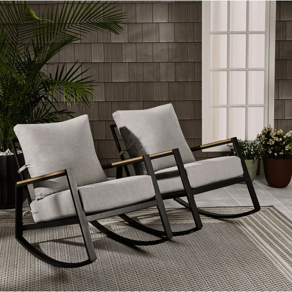 Better Homes & Gardens Marlow Outdoor 2pk Patio Rocking Chairs, Black Frame/Gray Cushion