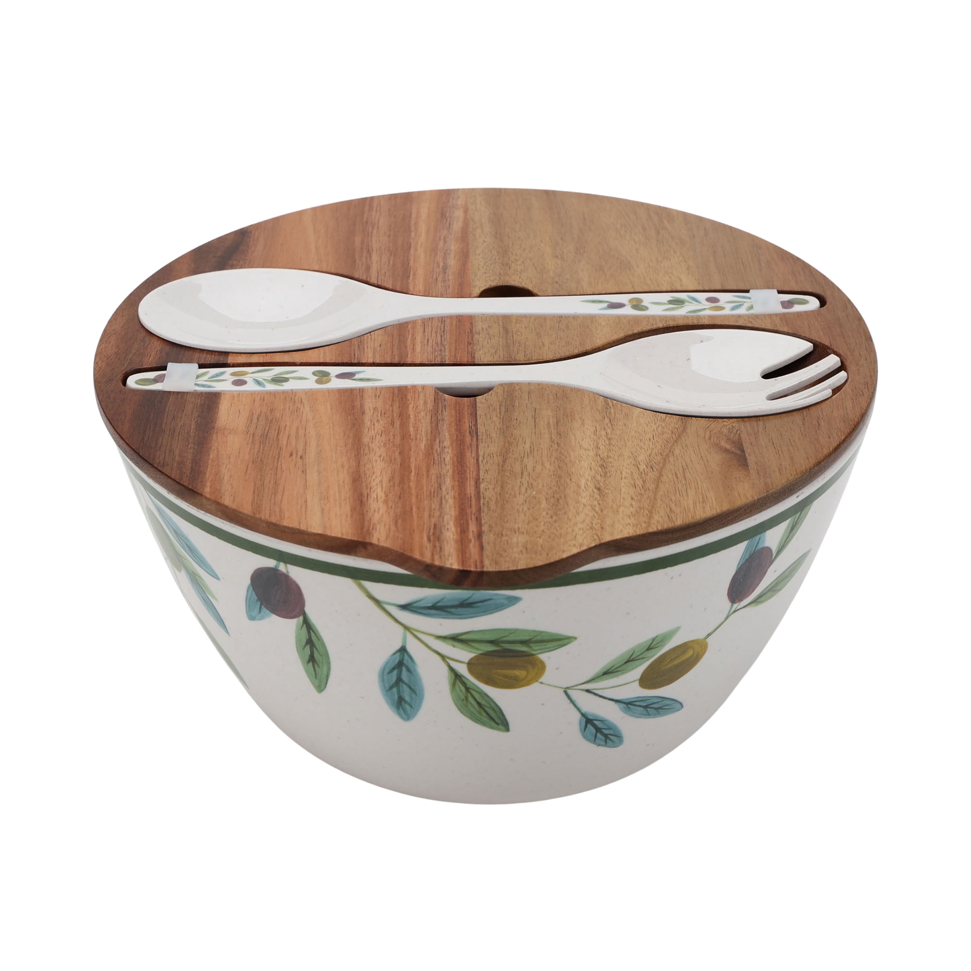 Better Homes and Gardens Bamboo Melamine Olive Salad Bowl Set with Acacia Wood Lid