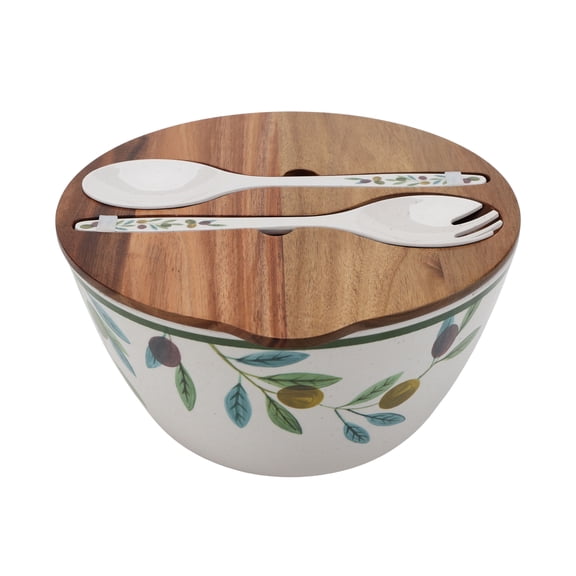 Better Homes and Gardens Bamboo Melamine Salad Serve Bowl Set with Acacia Wood Lid & Utensils, Olive Pattern