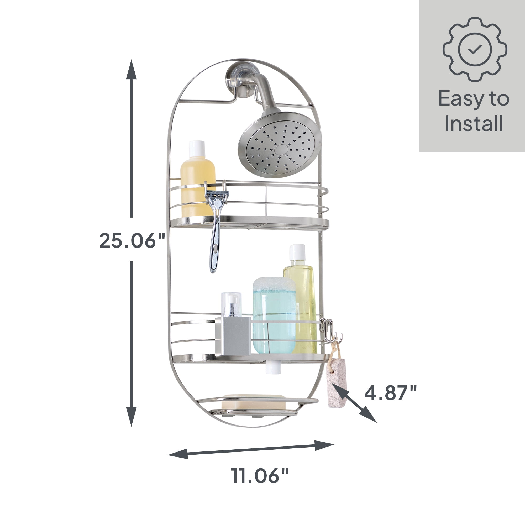 Better Homes & Gardens 2-Shelf Oval Hanging Shower Caddy with Soap Tray, Satin Nickel
