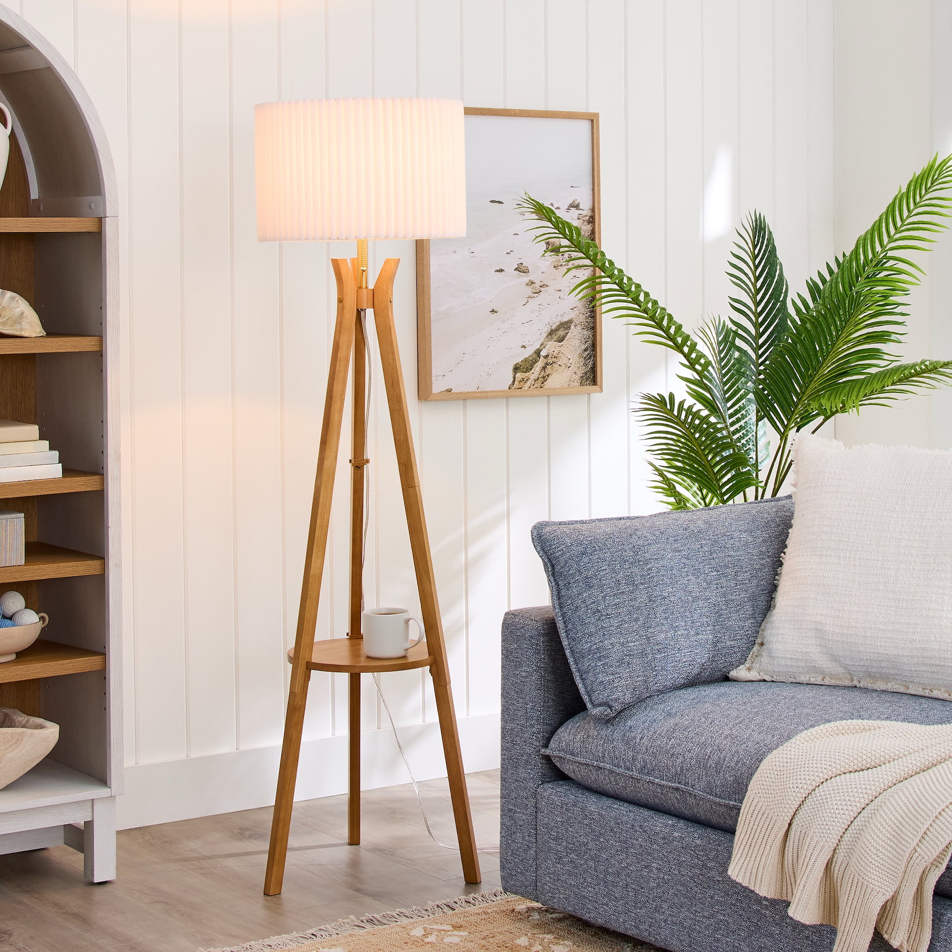 Better Homes & Gardens 63" Natural Wood Tripod Floor Lamp with Pleated Shade