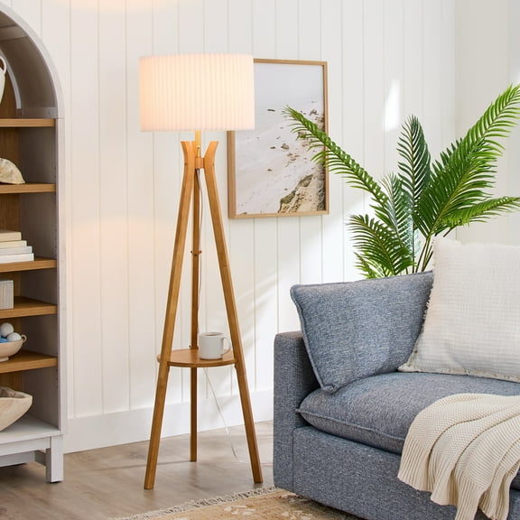 Better Homes & Gardens 63" Natural Wood Tripod Floor Lamp with Pleated Shade