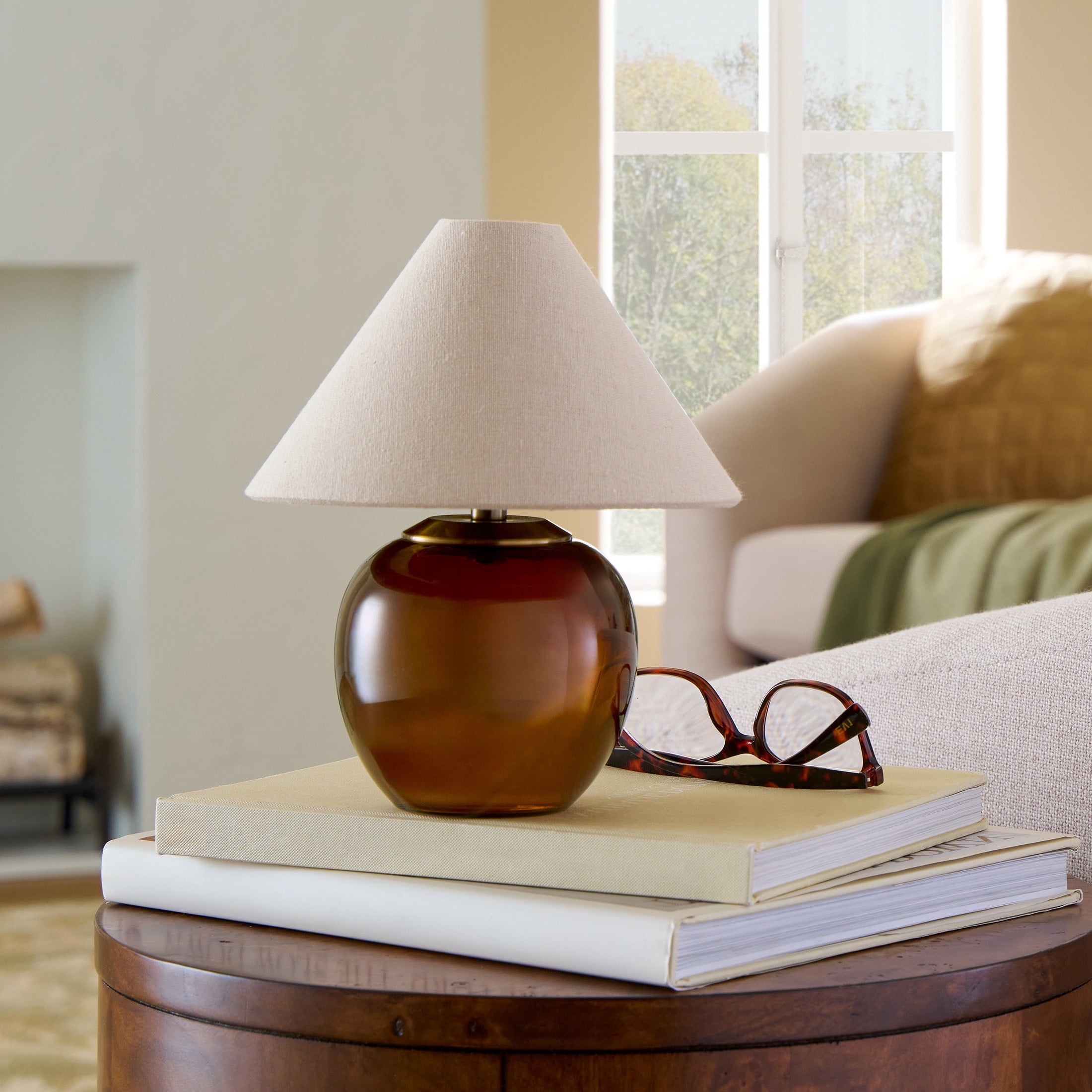 Better Homes & Gardens 8.5 in Amber Glass Rechargeable LED Portable Table Lamp with Dimmable Touch Sensor