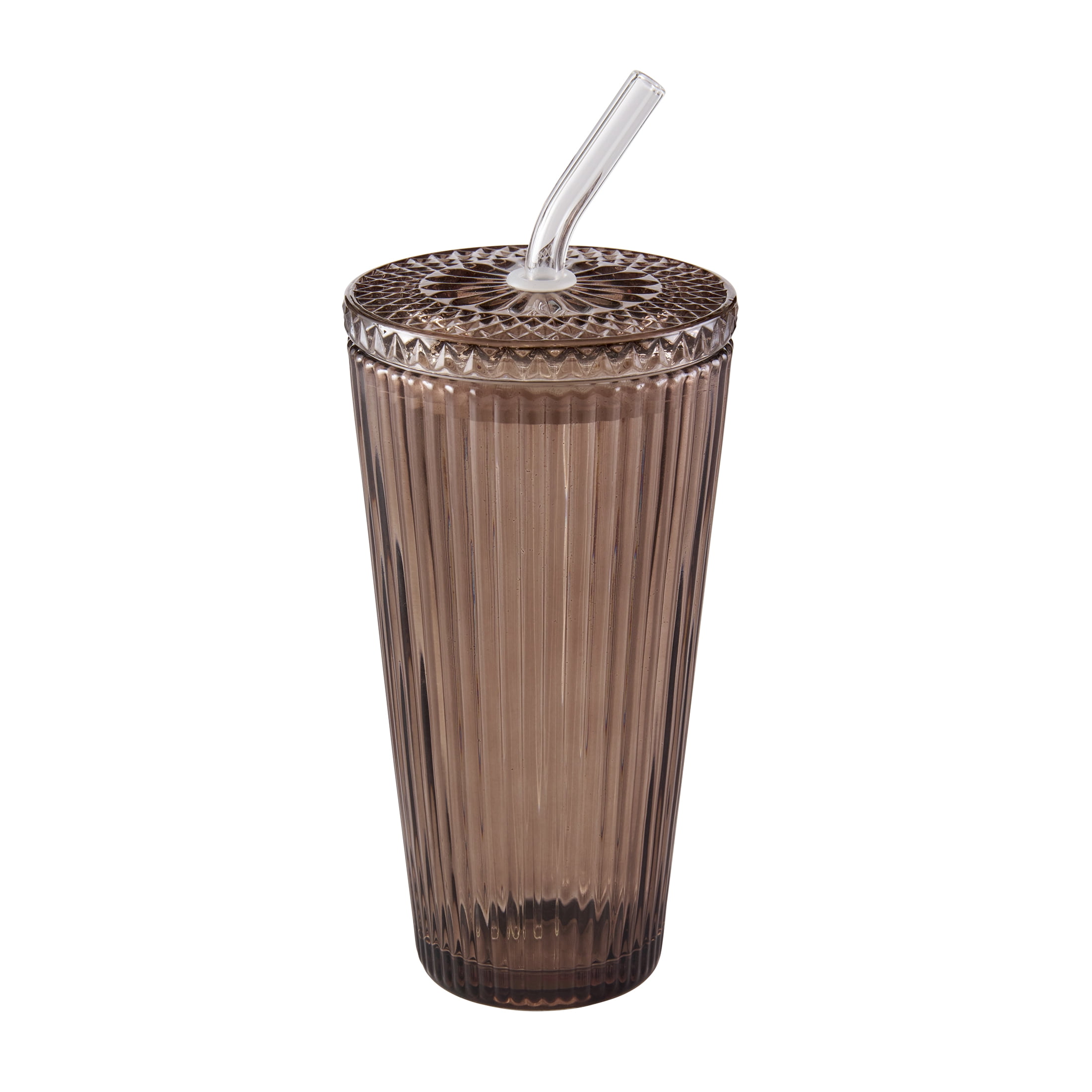 Better Homes & Gardens 21 oz Brown Ribbed Glass Tumbler with Glass Lid and Straw