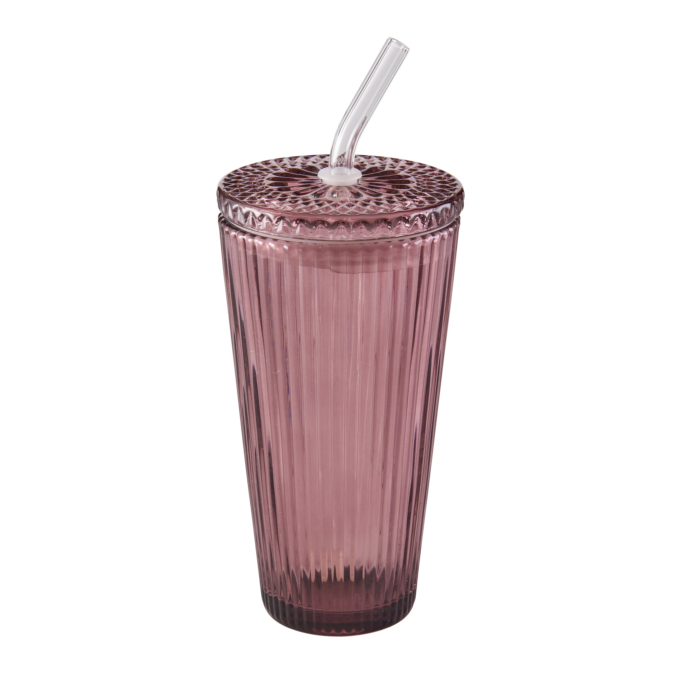 Better Homes & Gardens 21 oz Purple Ribbed Glass Tumbler with Glass Lid and Straw
