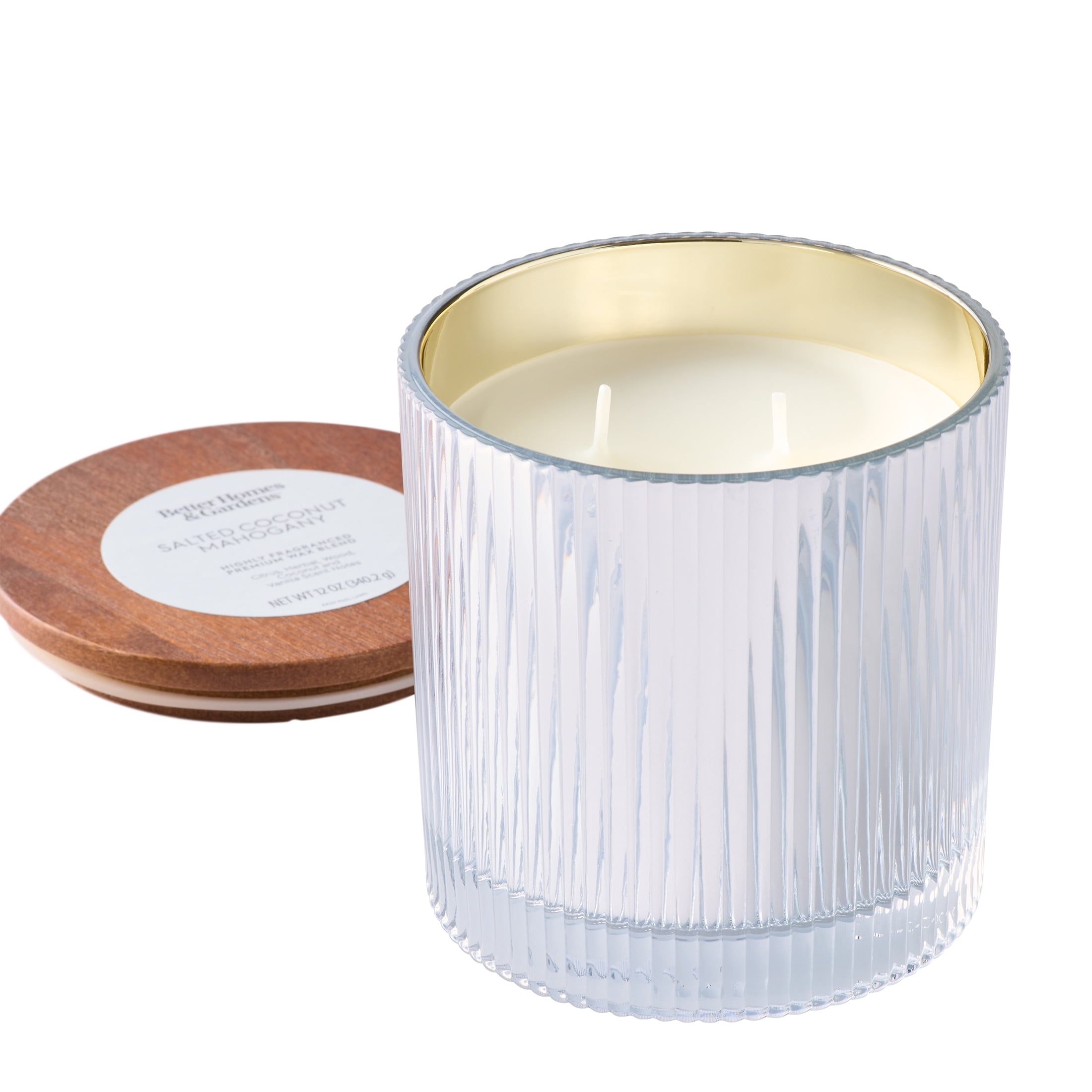 Better Homes & Gardens Salted Coconut Mahogany Jar Candle, 2 Cotton Wicks, Ribbed Mercury Glass Jar with Wooden Lid, 12 oz