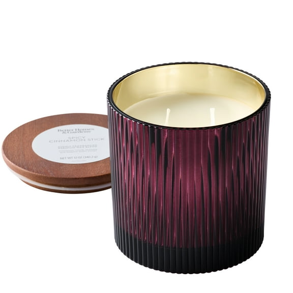 Better Homes & Gardens Spicy Cinnamon Stick Scented Cotton 2-Wicks Ribbed Mecury Glass Jar Candle with Wooden Lid 12oz