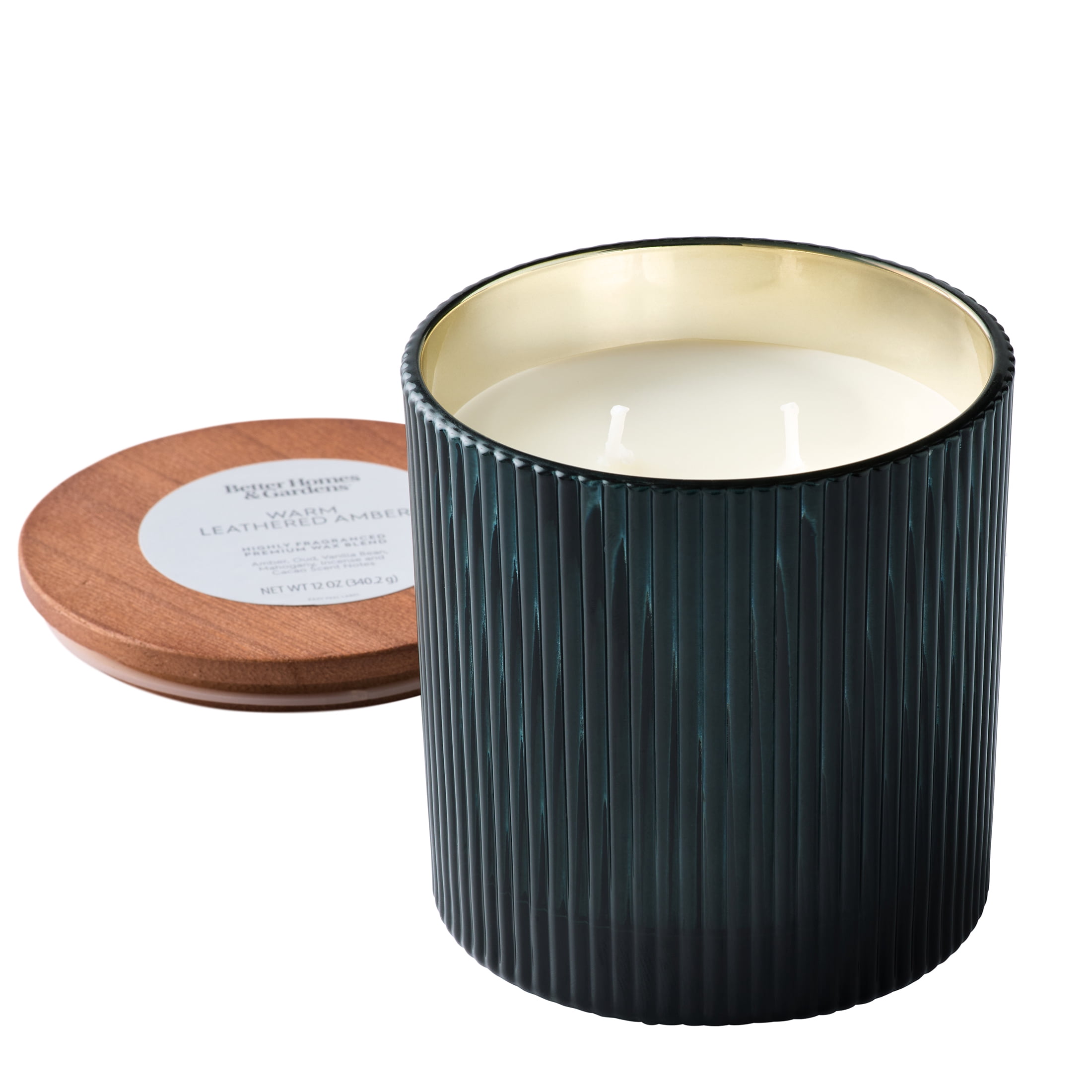 Better Homes & Gardens Warm Leathered Amber Scented Cotton 2-Wicks Ribbed Mecury Glass Jar Candle with Wooden Lid 12oz