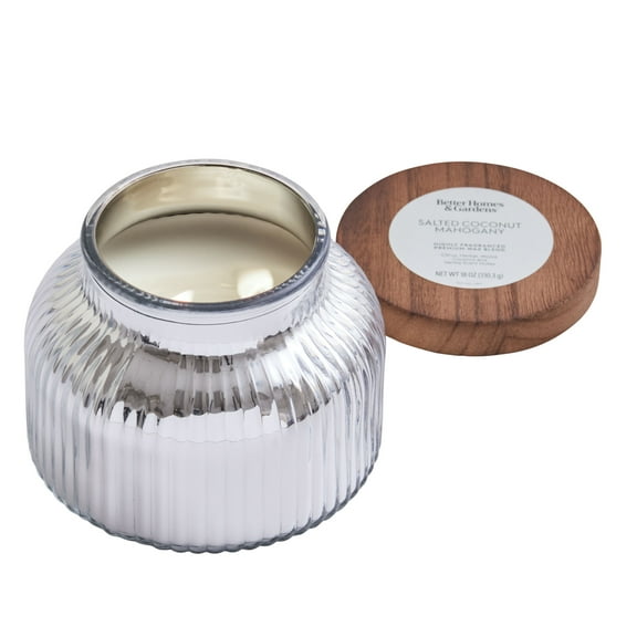 Better Homes & Gardens Salted Coconut Mahogany Scented 2 Cotton Wicks Ribbed Mercury Glass Jar Candle with Wooden Lid 18oz