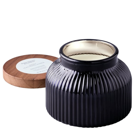 Better Homes & Gardens Warm Leathered Amber Scented Cotton 2-Wicks Ribbed Mecury Glass Jar Candle with Wooden Lid 18oz