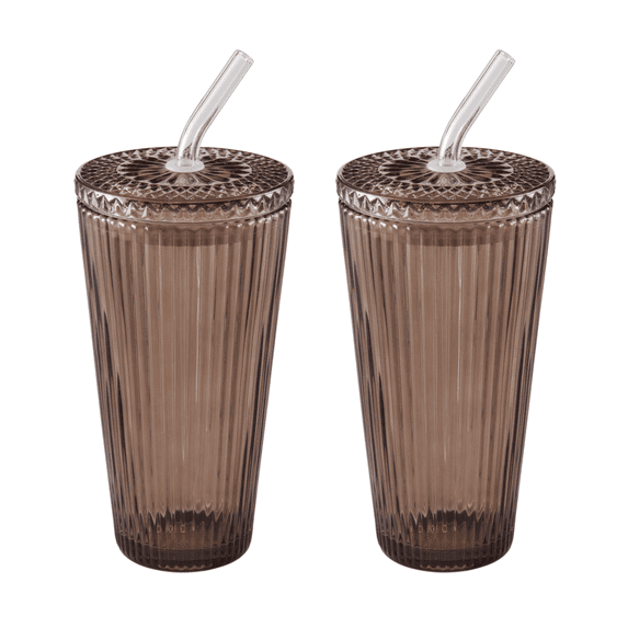 Better Homes & Gardens 21 oz Ribbed Glass Tumbler, Brown, 2-Pack