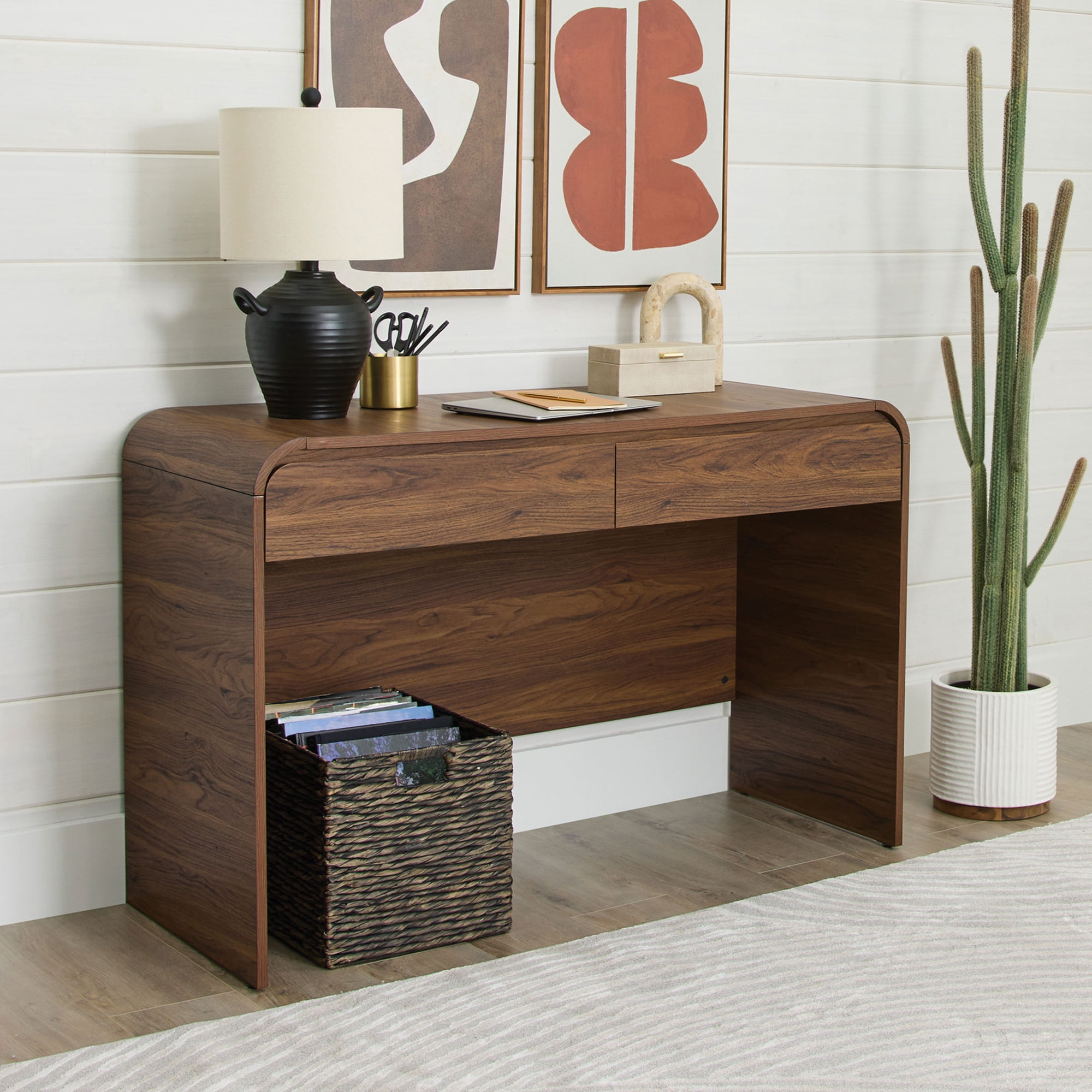 Better Homes & Gardens Juliet Curved Loft Desk with Storage, 19-inch depth, Walnut Finish