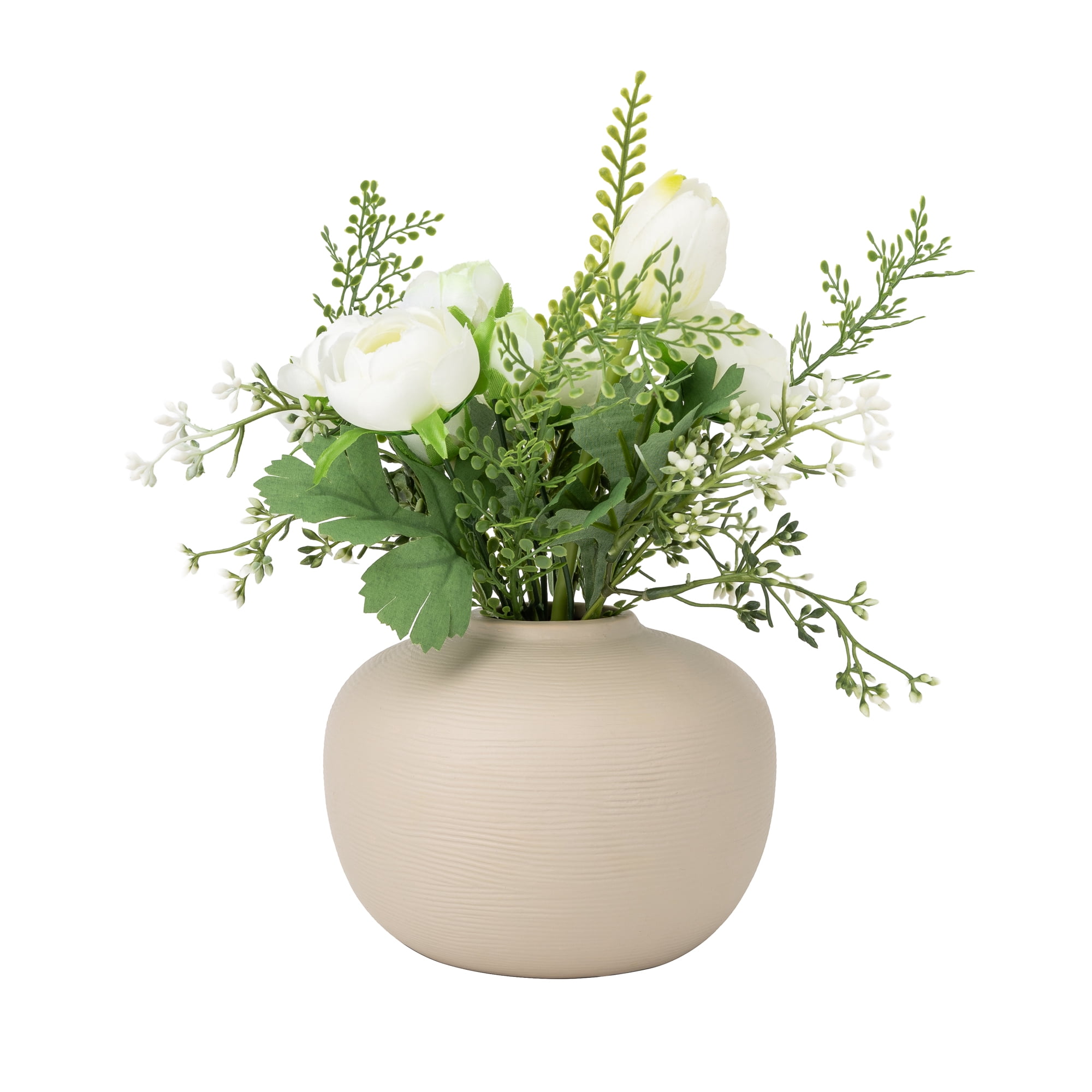 Better Homes & Gardens Tan Ceramic Vase with White Mixed Artificial Floral, 10 in