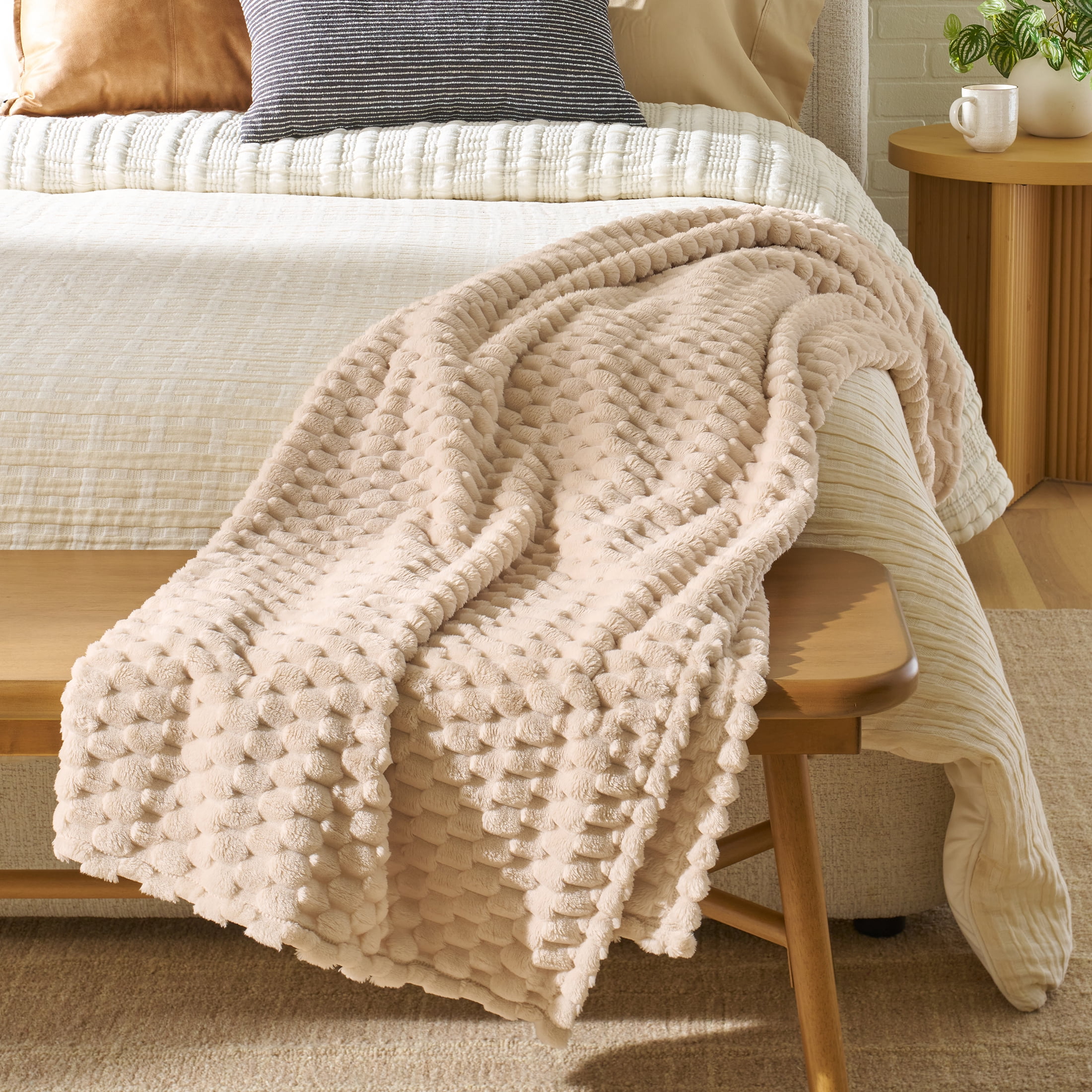 Better Homes & Gardens Textured Velvet Plush Oversized Couch Throw Blanket, Papyrus Beige