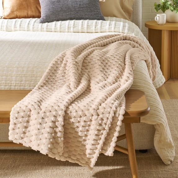 Better Home & Gardens Textured Velvet Plush Soft Throw Blanket, Oversized, Papyrus Beige