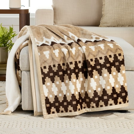Better Homes & Gardens Printed Velvet Plush Reverse to Faux Fur Super Soft Throw Blanket, Oversized, Linder Border Beige