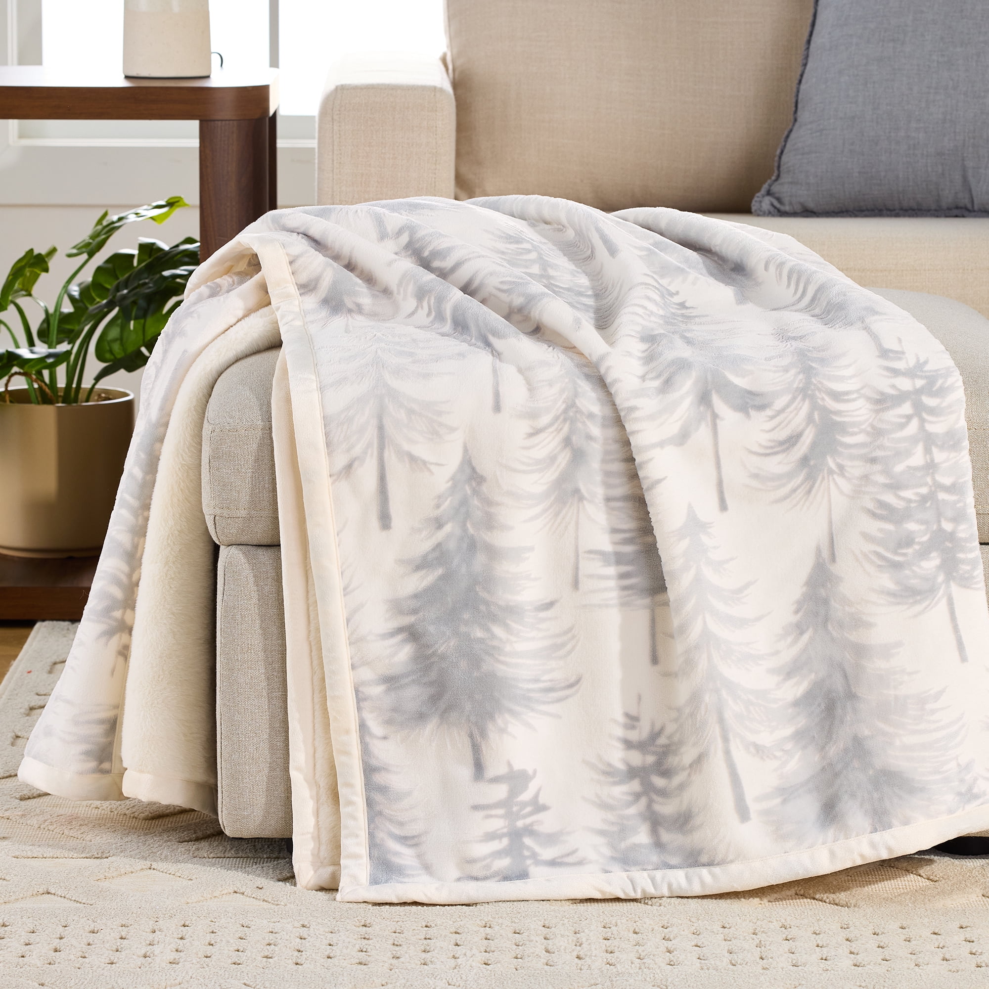 Better Homes & Gardens Printed Velvet Plush Reverse to Faux Fur Super Soft Throw Blanket, Oversized, Whimsical Forest Grey