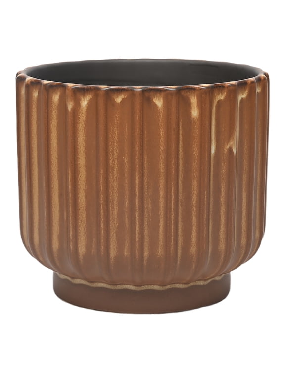 9 inch Copper Paul Planter - Ribbed Ceramic Design with Drainage Hole