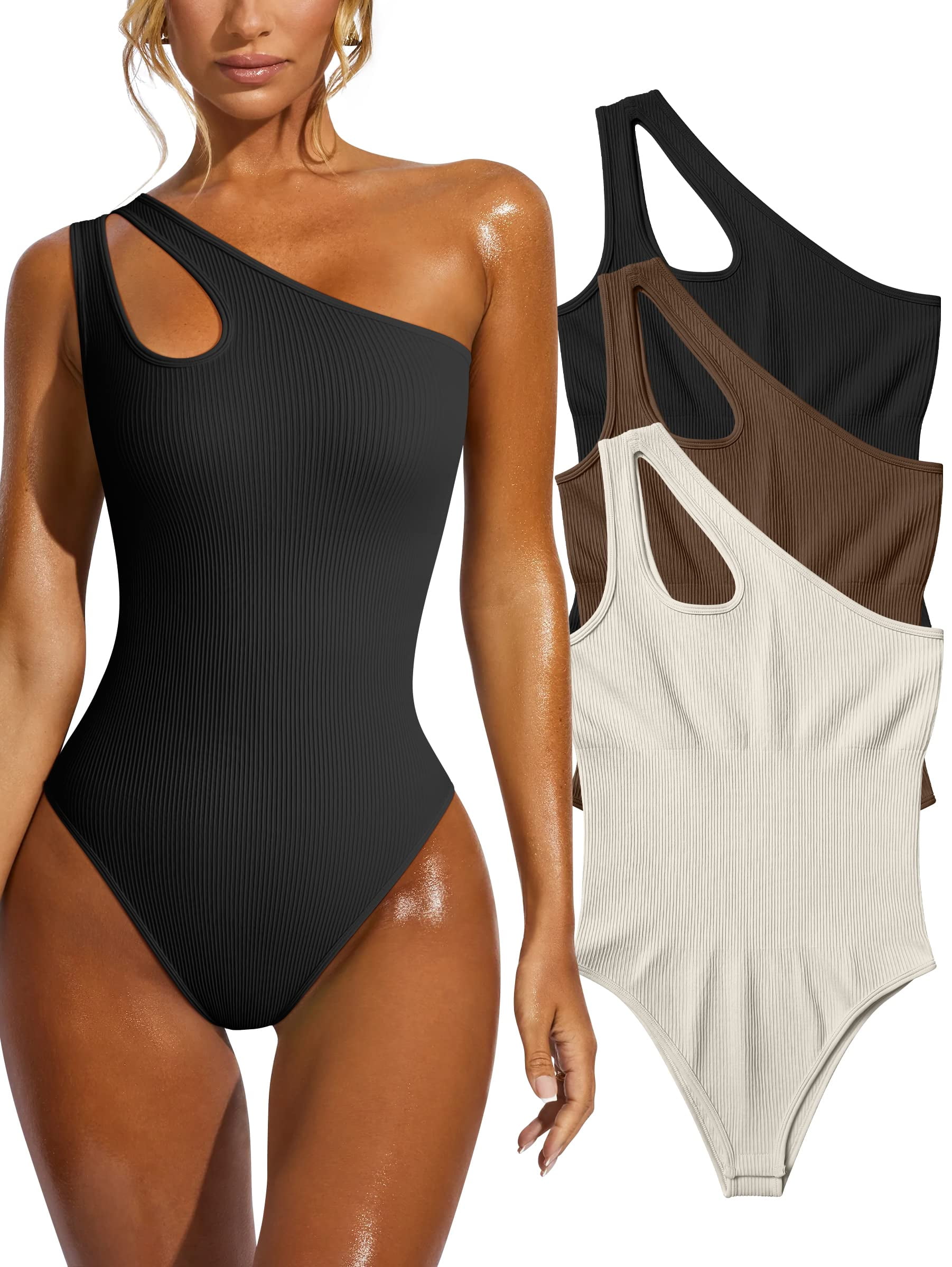 BHGHB Women s Sexy Ribber Knit One Shoulder Cutout Front Backless Sleeveless Slim Fit Solid Tank Top Thong Bodysuits Black S Walmart