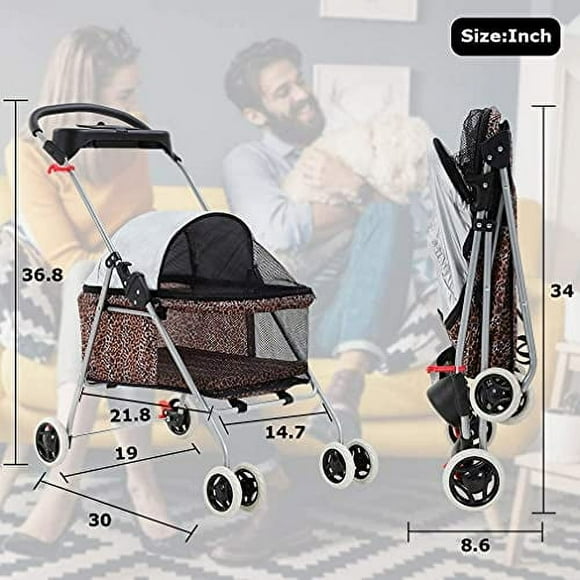 BHP Cat Stroller Dog Stroller for Small Cats and Dogs, Pet Stroller for Cats No Escape,Dog Cage Stroller Carrier Strolling Cart Travel Folding Carrier with Cup Holder,Leopard Skin