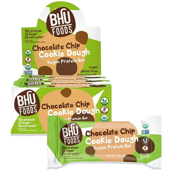 BHU Foods Fit Vegan Protein Bars - Chocolate Chip Cookie Dough (12 Bars)