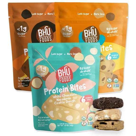 BHU Foods Protein Bites, Cookie Dough Variety Pack, Keto Snacks, 3 Pouches (18 Bites)