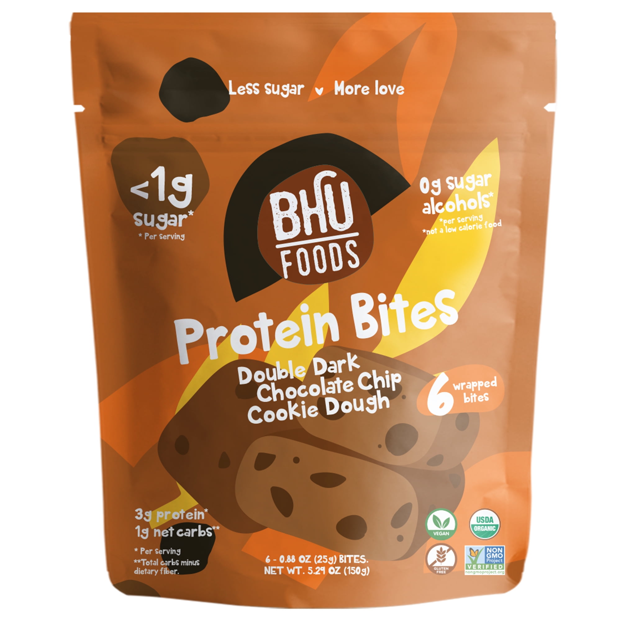 BHU Foods Protein Bites, Double Dark Chocolate Chip Cookie Dough, 1 Pouch (6 Bites)