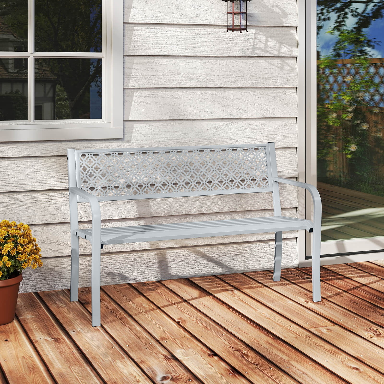 BHUIK 50 Inch Outdoor Garden Bench, Metal Patio Bench with Geometric ...