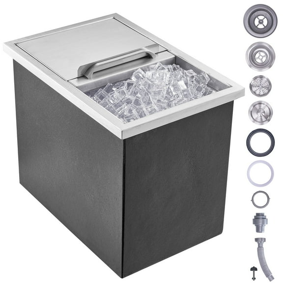 BHUIK Commercial Drop-In Ice Bin 28QT (26.7L), Stainless Steel Ice Cooler with Sliding Lid & Drain, 24Hour Insulation, Built-In Undercounter Ice Storage