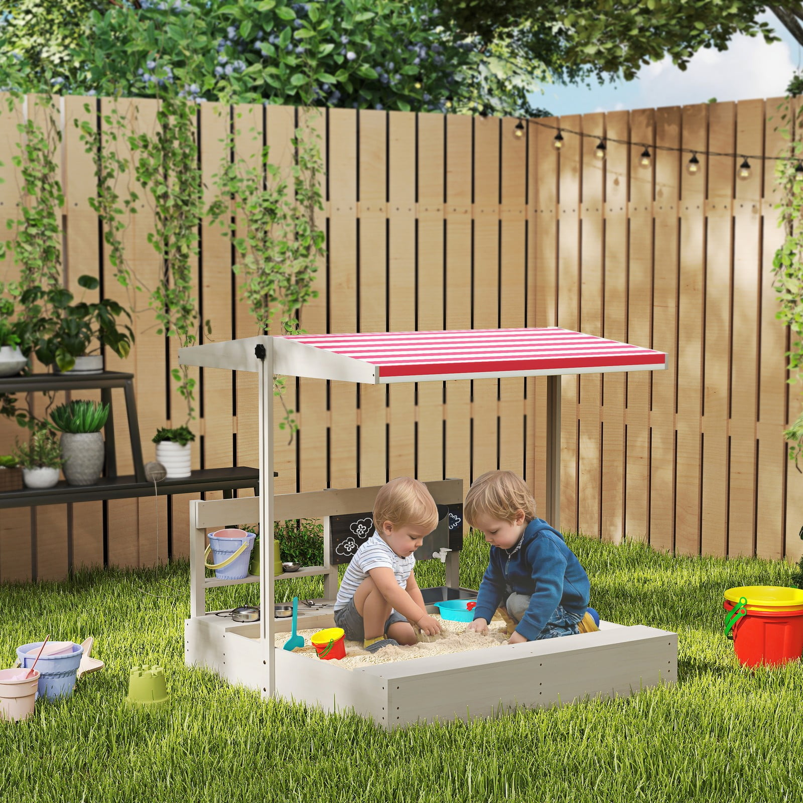 BHUIK Kids Wooden Sandbox with Adjustable Canopy, Built-in Pretend Kitchen, Bench Seating \u0026 Toy Sink, Outdoor Play Center for Toddlers Ages 3-7 Weather-Resistant Design, Gray