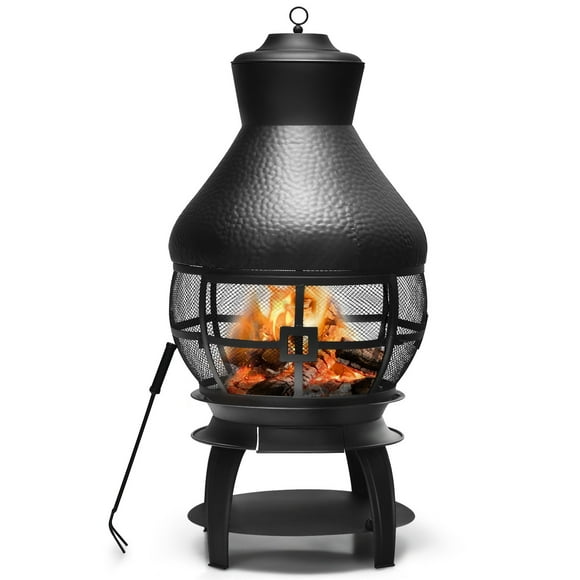 BHUIK Outdoor Chimenea Fire Pit, Wood-Burning Patio Fireplace with Mesh Screen, Rain Cap & Poker, Black Iron Heater for Garden, Backyard, Balcony