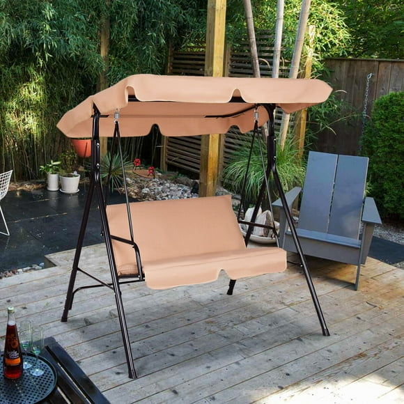 BHUIK Outdoor Loveseat Patio Swing with Canopy, Cushioned 2-Seater Glider Hammock, Steel Frame, Porch Bench for Garden, Poolside&Backyard, Brown