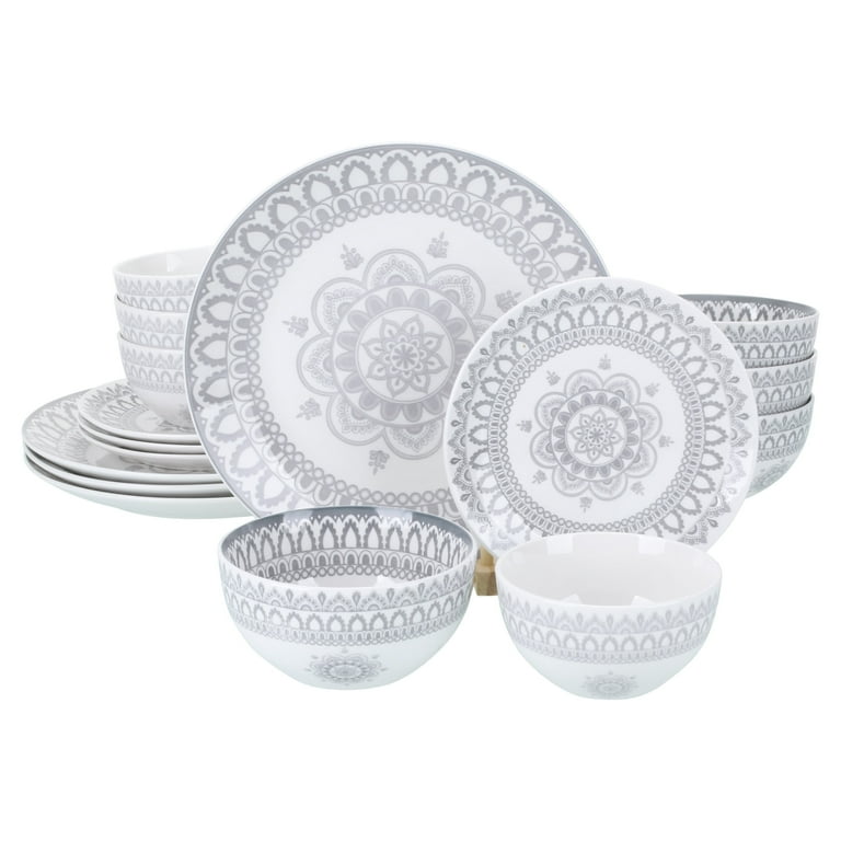 BIA Cordon Bleu Stoneware Arabesque 16 Piece Dinnerware Set Double Bowl Gray and White