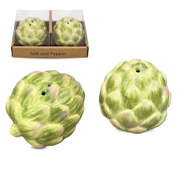 BIA Vegetable Salt & Pepper Shaker Set, Green Artichoke Lead-Free Ceramic Kitchenware (5.95" x 3.1") - Decorative Dining Table & Countertop Spice Accessories for Seasoning & Display