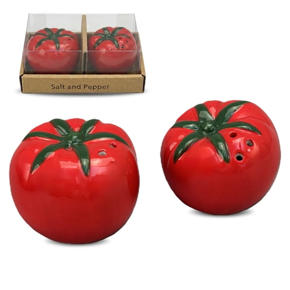 BIA Vegetable Salt & Pepper Shaker Set, Tomato Shaped Lead-Free Ceramic Kitchenware with Glossy Red Finish & Green Leaf Accent (5.5" x 2.5") - Decorative Dining Table & Spice Shelf Accessories