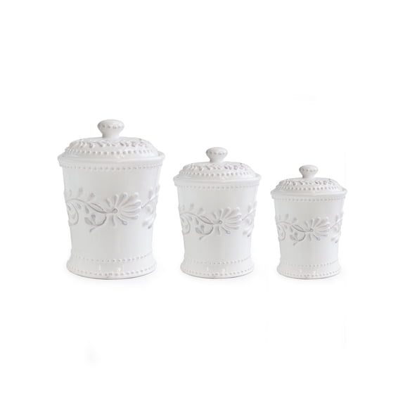 BIANCA LEAF 3PC CANISTER SET 10.25"H80oz, 8.375"H48oz,6.75"H20oz 7.125X10.25" 6.125X8.375" 4.75X6.75 RB