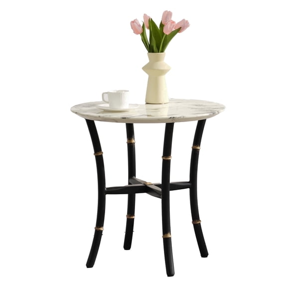 BIANCHINI Round Faux Marble Side Table Black Bamboo Style Chair End Table Living Room, White