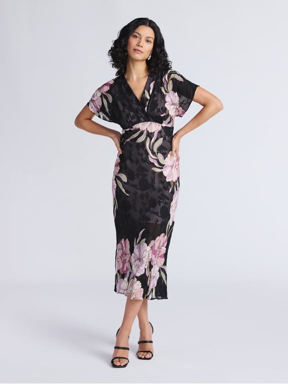 Sofia by Sofia Vergara Women's and Women's Plus Bias Cut Midi Dress with Short Sleeves, Mid Calf Length, Sizes XS-4X