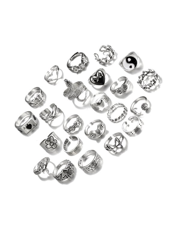 24pcs Y2K Gothic Rings Set for Women and Men Silver Punk Grunge Vintage Jewelry with Heart Snake Flower Designs