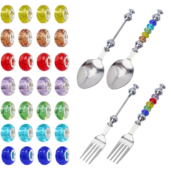 BIBABLYKE 4Pcs Customizable Stainless Steel Spoons and Forks Set with 28 Plastic Beads Beadable Tableware Beaded Cutlery Kits