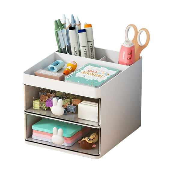 BIBABLYKE Creative Cartoon Rabbit Handle Design Storage Box With 2 Layer Clear Drawer For Desk Organization And Space Saving