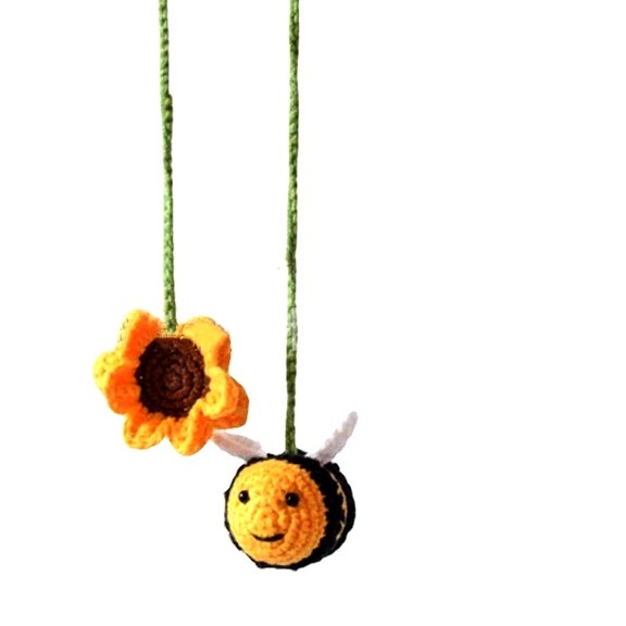 BIBABLYKE Knitted Bees Sunflower Pendant Car Rearview Hanging Ornament Automotive Interior Charm Decorations for Women Men
