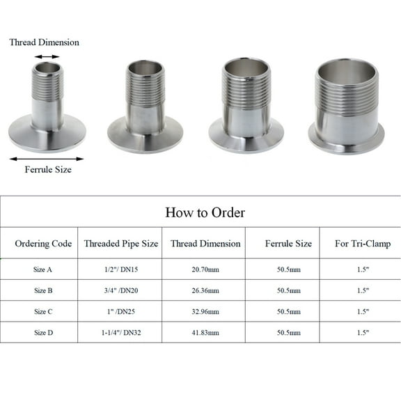 BIBABLYKE Stainless Steel Clamp Fitting Sanitary Male Threaded Ferrule Pipe Fitting DN15/20/25/32 Tri-clamp Adapter Rustproof
