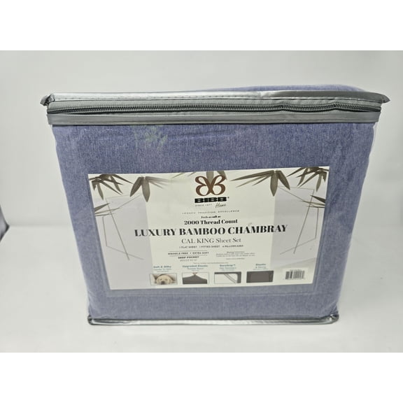 BIBB HOME RAYON BAMBOO 2000 COUNT 6PIECE CHAMBRAY SHEET SET SIZE CALI KING ,BLUE