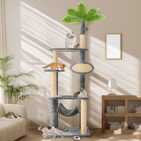 BIBEAR 55" Cat Tree for Indoor Cats | Multi-Level Cat Tower with Green Leaves, Hammock, Hang Ball Toy & Sisal Scratching Posts | Ideal for Living Room, Bedroom, Kitchen