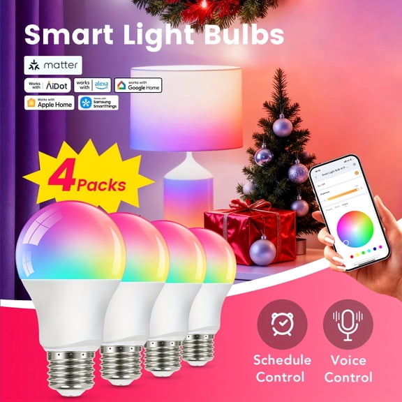 BIBEAR 8/6/4 Pack Matter Smart Light Bulb A19, 16M RGBTW Colors, WiFi&Bluetooth, Music Sync, 800LM 60W Equivalent, Works with Alexa/Google/Apple Home/SmartThings